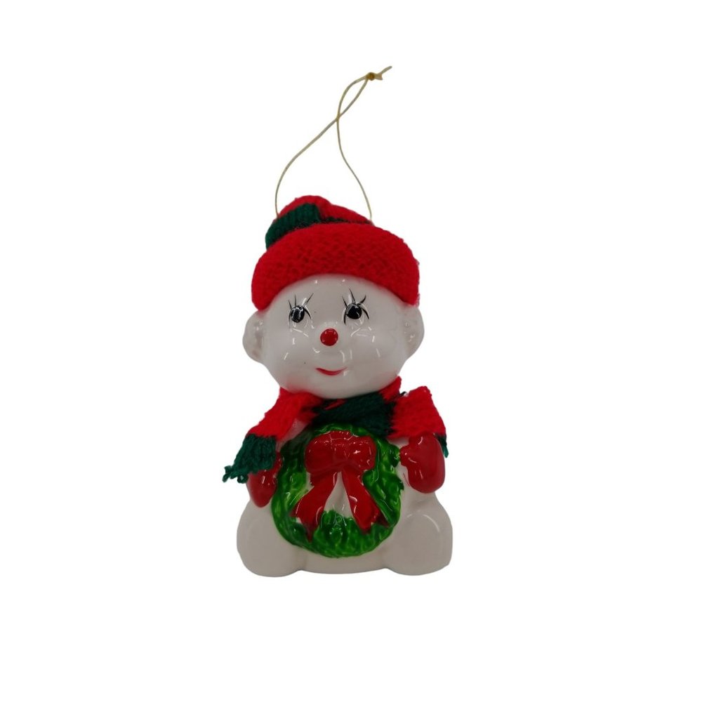 VTG Polar Bear with Knit Hat and Scarf Holding Wreath Christmas Ornament 1988